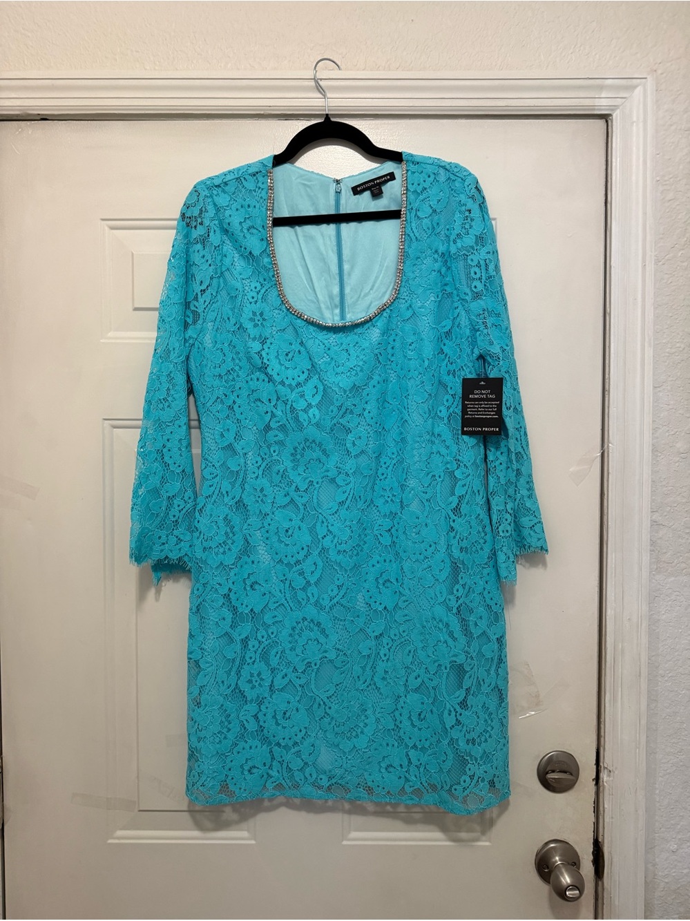 Boston Proper Turquoise Lace Long Sleeve Scoop Neck Dress with Beaded Trim